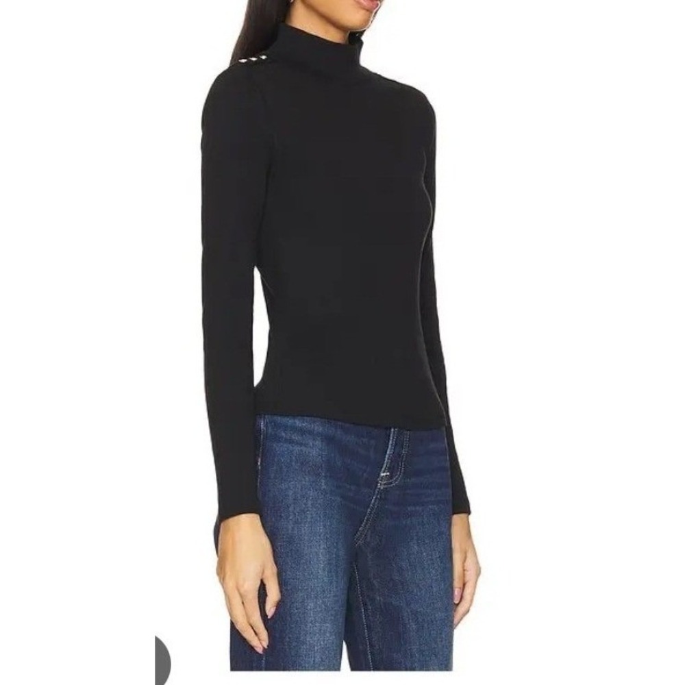 Veronica Beard Black Ribbed Mock Neck Shoulder Button Top Pima Cotton